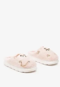 Różowe Kapcie na Płaskiej Podeszwie z Futerkiem Ozdobione Łańcuszkiem i Cyrkoniami Reanivia