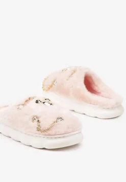 Różowe Kapcie na Płaskiej Podeszwie z Futerkiem Ozdobione Łańcuszkiem i Cyrkoniami Reanivia