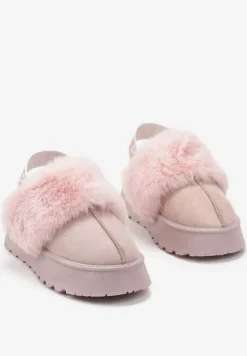 Różowe Kapcie na Platformie Ozdobione Futerkiem i z Gumką Przy Pięcie Titanra