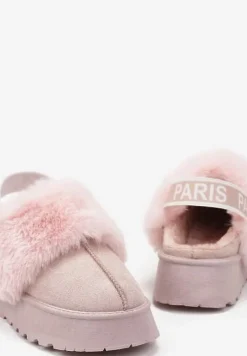 Różowe Kapcie na Platformie Ozdobione Futerkiem i z Gumką Przy Pięcie Titanra