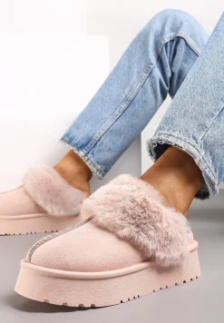Różowe Kapcie na Platformie z Ekozamszu z Futerkiem Livorn