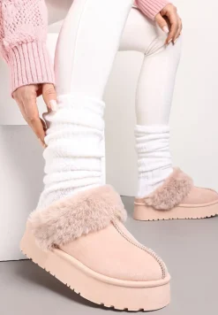 Różowe Kapcie na Platformie z Ekozamszu z Futerkiem Livorn