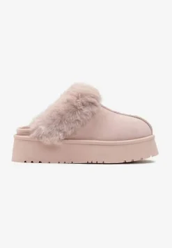 Różowe Kapcie na Platformie z Ekozamszu z Futerkiem Livorn