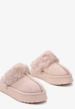 Różowe Kapcie na Platformie z Ekozamszu z Futerkiem Livorn