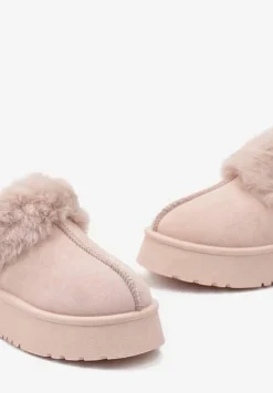 Różowe Kapcie na Platformie z Ekozamszu z Futerkiem Livorn