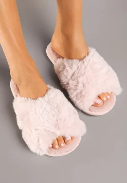 Różowe Kapcie Vices z Futerka ze Skrzyżowanymi Paskami Selanthra