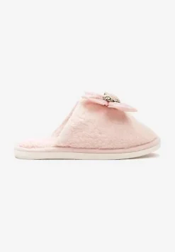 Różowe Kapcie Wsuwane z Futerkiem Ozdobione Kokardą z Metalowymi Detalami Reaniara