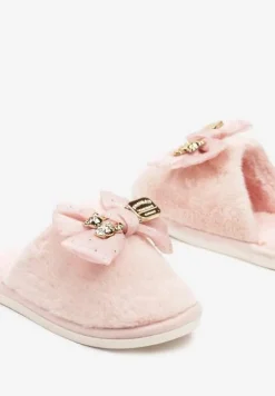 Różowe Kapcie Wsuwane z Futerkiem Ozdobione Kokardą z Metalowymi Detalami Reaniara