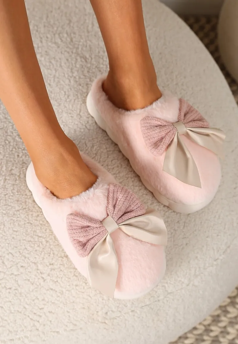 Różowe Kapcie z Dużą Kokardą i Futerkiem Naonelle
