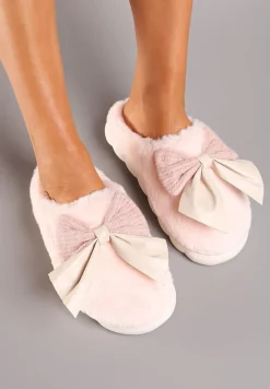 Różowe Kapcie z Dużą Kokardą i Futerkiem Naonelle