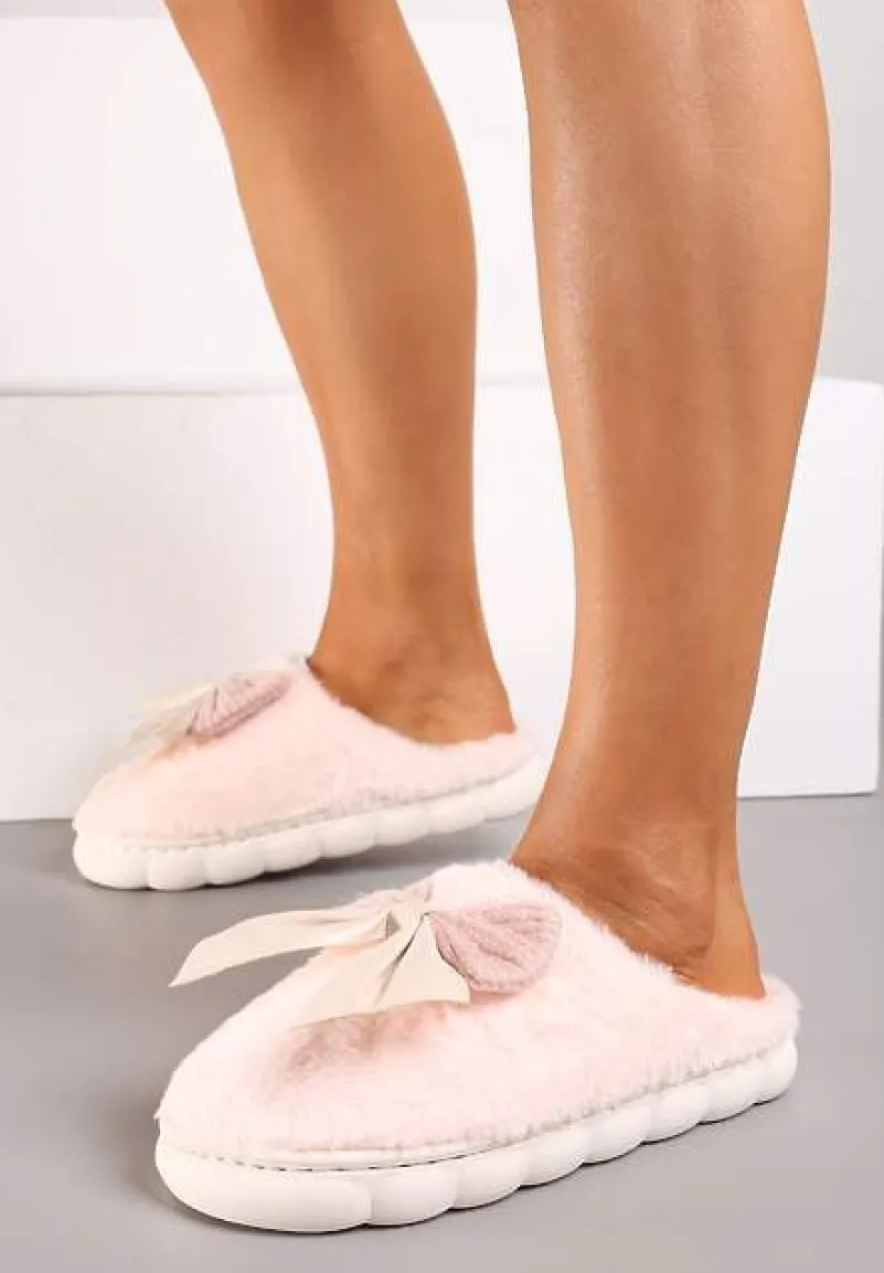 Różowe Kapcie z Dużą Kokardą i Futerkiem Naonelle