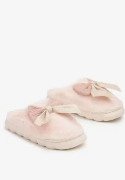 Różowe Kapcie z Dużą Kokardą i Futerkiem Naonelle