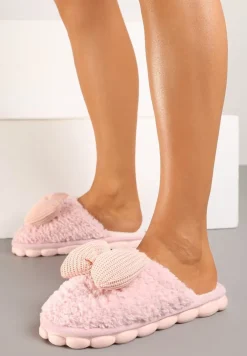 Różowe Kapcie z Futerka z Kokardką na Ozdobnej Podeszwie Vamissa