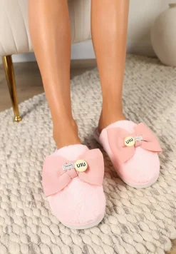 Różowe Kapcie z Miękkiego Futerka Ozdobione Kokardą Adeltta