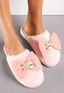 Różowe Kapcie z Miękkiego Futerka Ozdobione Kokardą Adeltta