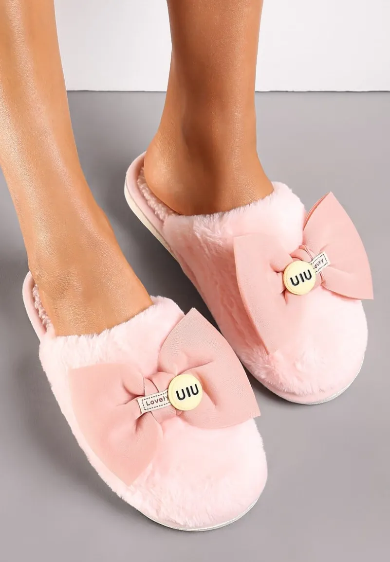Różowe Kapcie z Miękkiego Futerka Ozdobione Kokardą Adeltta