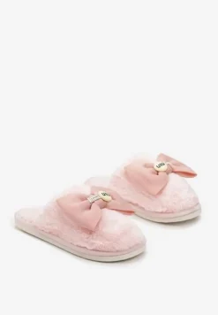Różowe Kapcie z Miękkiego Futerka Ozdobione Kokardą Adeltta