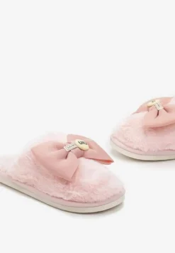 Różowe Kapcie z Miękkiego Futerka Ozdobione Kokardą Adeltta