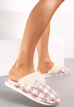 Różowe Kapcie z Tkaniny Tweed z Wstawką z Miękkiego Futerka Zamihena