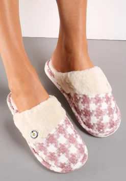 Różowe Kapcie z Tkaniny Tweed z Wstawką z Miękkiego Futerka Zamihena