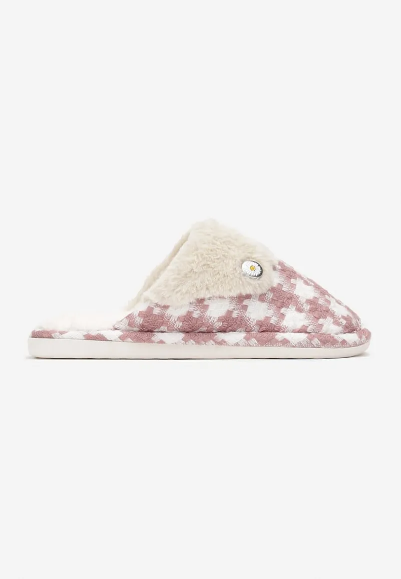 Różowe Kapcie z Tkaniny Tweed z Wstawką z Miękkiego Futerka Zamihena