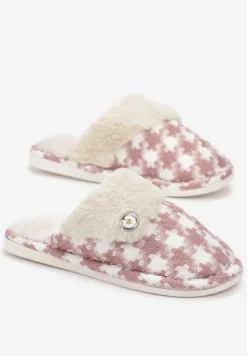 Różowe Kapcie z Tkaniny Tweed z Wstawką z Miękkiego Futerka Zamihena