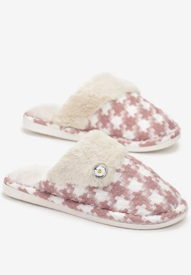 Różowe Kapcie z Tkaniny Tweed z Wstawką z Miękkiego Futerka Zamihena