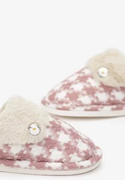 Różowe Kapcie z Tkaniny Tweed z Wstawką z Miękkiego Futerka Zamihena