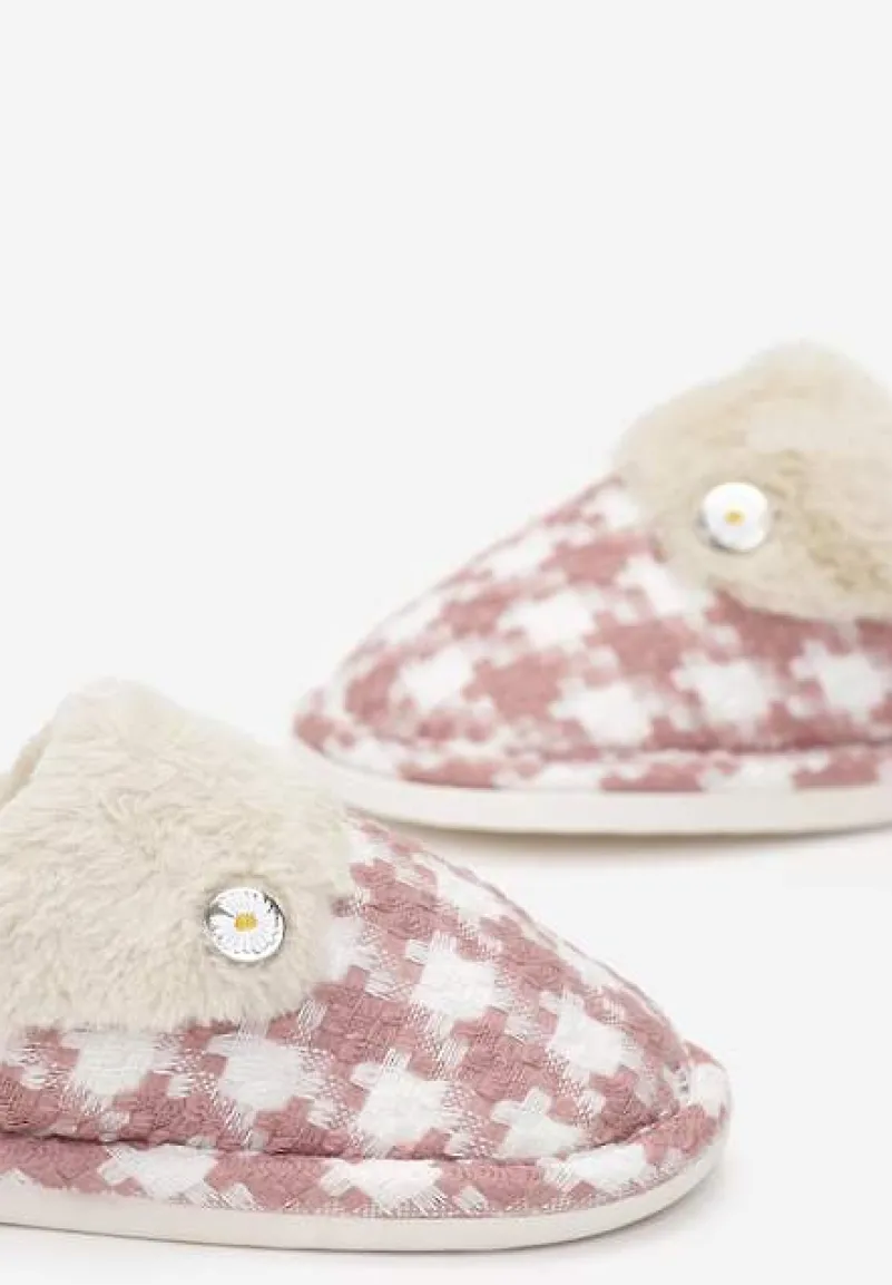 Różowe Kapcie z Tkaniny Tweed z Wstawką z Miękkiego Futerka Zamihena