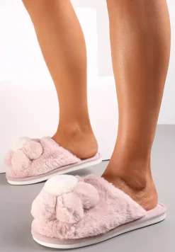 Różowe Kapcie ze Sztucznego Futra z Aplikacją 3D w Kształcie Kwiatka Melisande