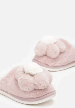 Różowe Kapcie ze Sztucznego Futra z Aplikacją 3D w Kształcie Kwiatka Melisande
