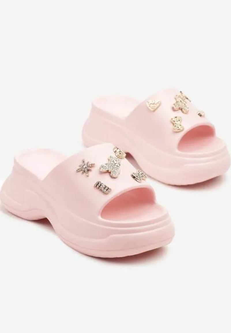 Różowe Klapki na Grubej Podeszwie z Cyrkoniami Islia