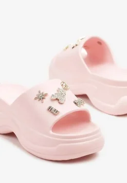Różowe Klapki na Grubej Podeszwie z Cyrkoniami Islia