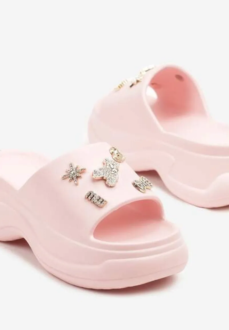 Różowe Klapki na Grubej Podeszwie z Cyrkoniami Islia