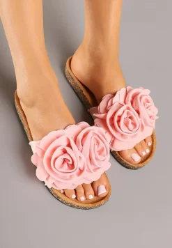 Różowe Klapki na Platformie z Korka Ozdobione Kwiatami 3D Meralira