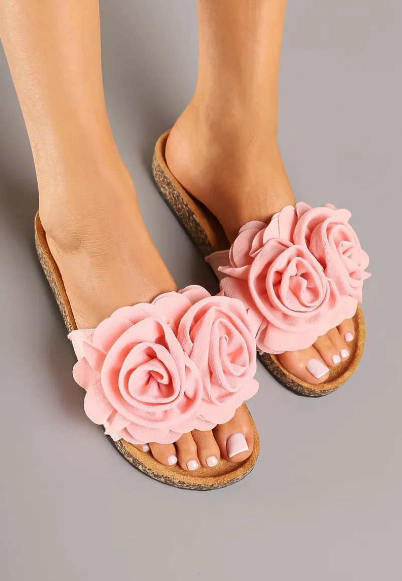 Różowe Klapki na Platformie z Korka Ozdobione Kwiatami 3D Meralira