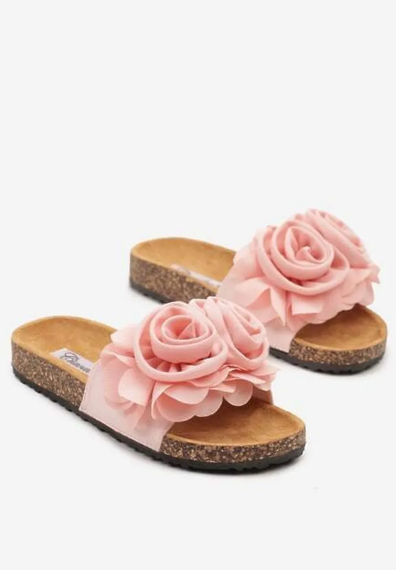 Różowe Klapki na Platformie z Korka Ozdobione Kwiatami 3D Meralira