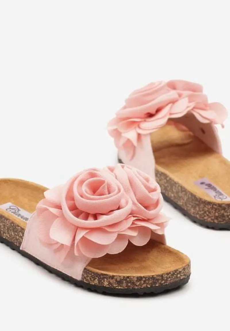 Różowe Klapki na Platformie z Korka Ozdobione Kwiatami 3D Meralira