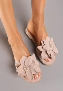 Różowe Klapki z Ekozamszu na Płaskiej Podeszwie z Ozdobnym Kwiatem Ellesara