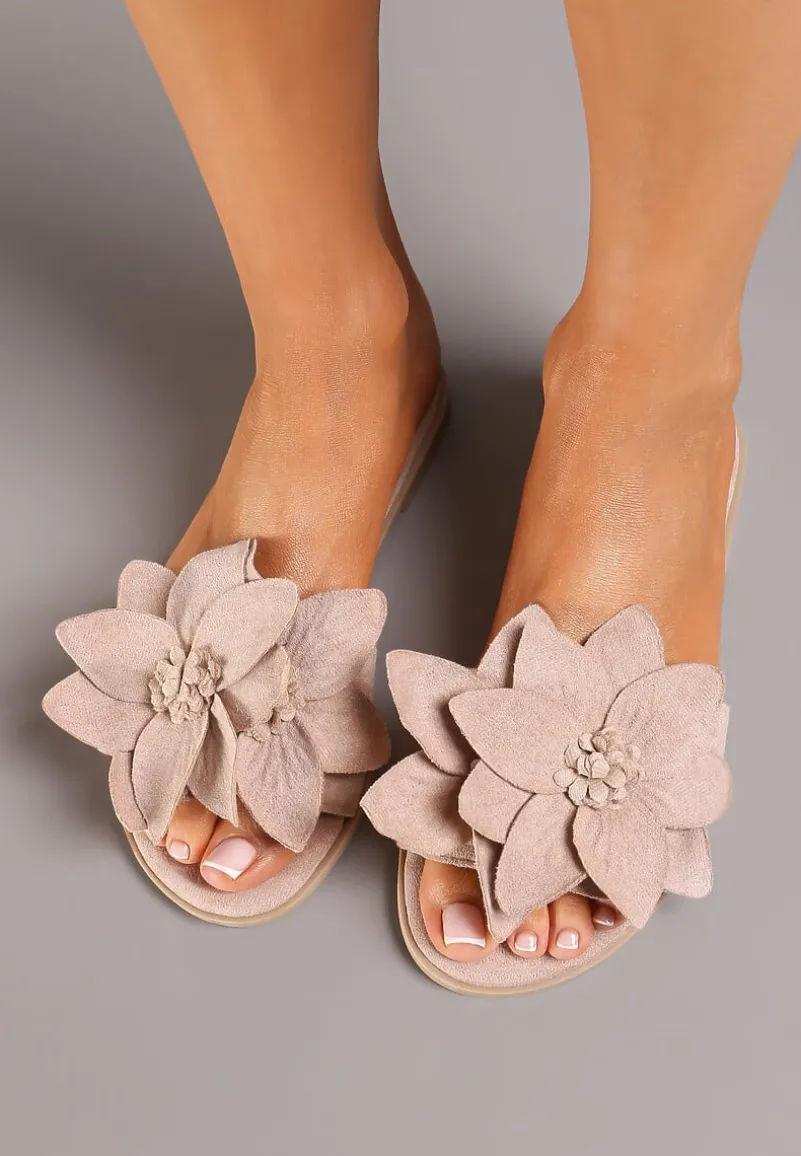 Różowe Klapki z Ekozamszu na Płaskiej Podeszwie z Ozdobnym Kwiatem Ellesara