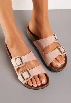 Różowe Klapki z Ekozamszu z Profilowaną Wkładką z Paskami i Klamrami Lettiea