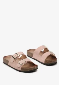 Różowe Klapki z Ekozamszu z Profilowaną Wkładką z Paskami i Klamrami Lettiea