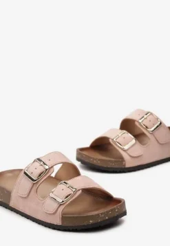 Różowe Klapki z Ekozamszu z Profilowaną Wkładką z Paskami i Klamrami Lettiea