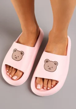 Różowe Klapki z Lekkiej Pianki Ozdobione Printem z Misiem Nadema