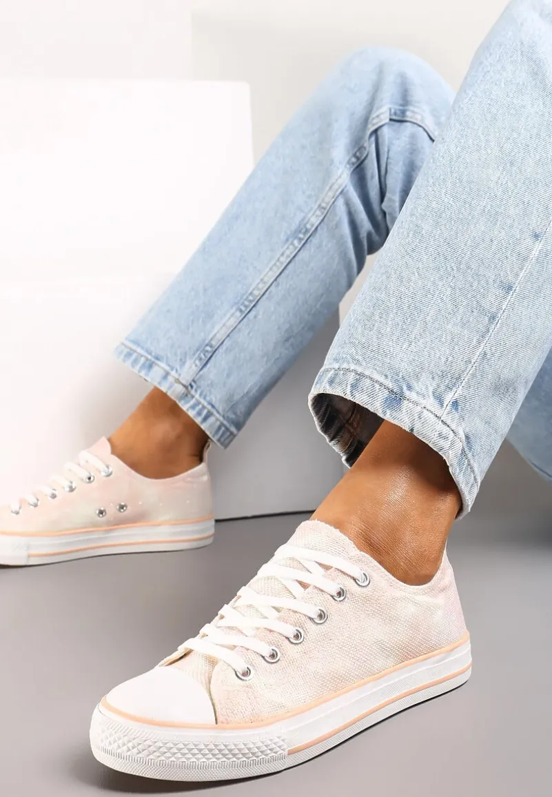 Różowe Krótkie Trampki z Drobnym Tłoczeniem na Cholewce Inarol