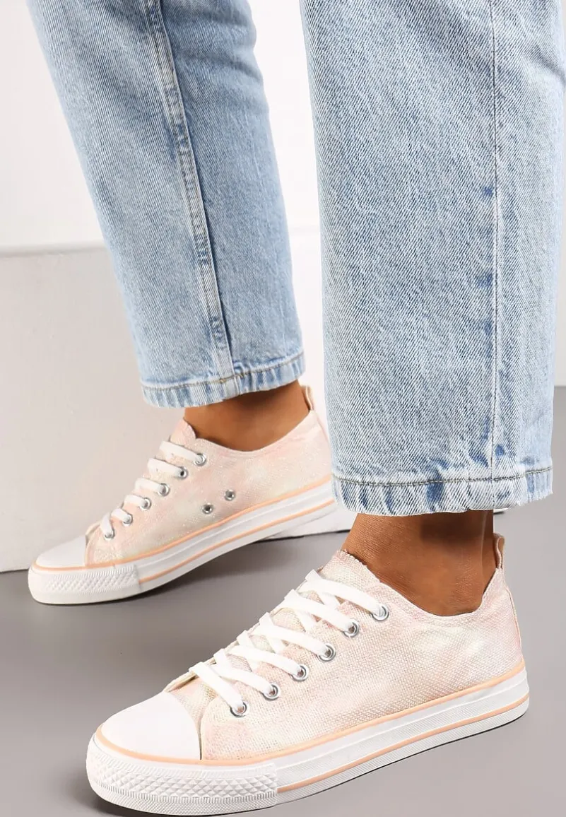 Różowe Krótkie Trampki z Drobnym Tłoczeniem na Cholewce Inarol