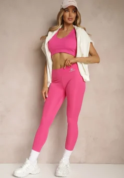 Różowe Legginsy High Waist z Gumką w Pasie Cloen