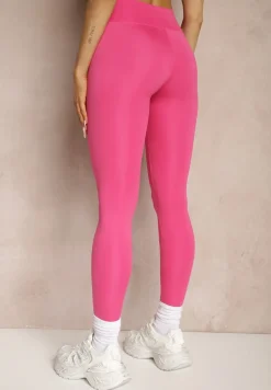 Różowe Legginsy High Waist z Gumką w Pasie Cloen