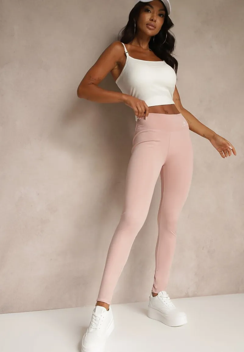 Różowe Legginsy High Waist z Gumką w Pasie Cloen