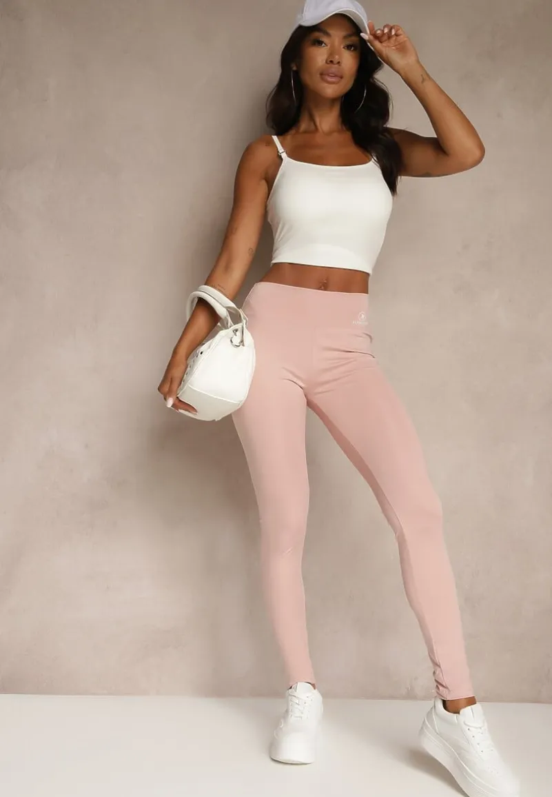 Różowe Legginsy High Waist z Gumką w Pasie Cloen